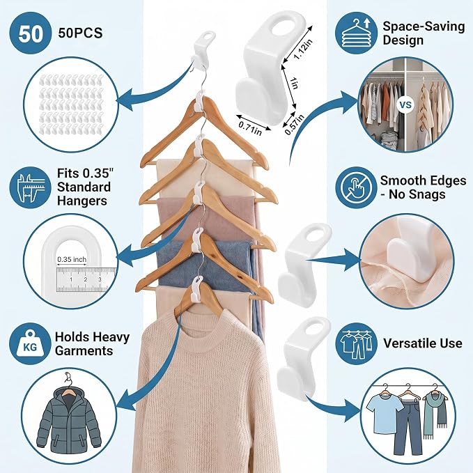 50pc Hanger Connector Hooks, Space Saving Hanger Hooks for Clothes Closet Organizer, Cascading Hangers Extender for Wardrobe Storage