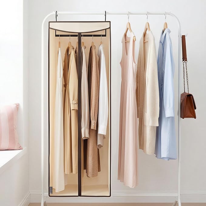 STORAGE MANIAC 57" Hanging Garment Bag Zipper Cover with Sealed Clear Window, Long Garment Cover for Closet Storage Wardrobe Clothes Protector, Large Garment Storage Bag for Dresses, Beige，2-Pack