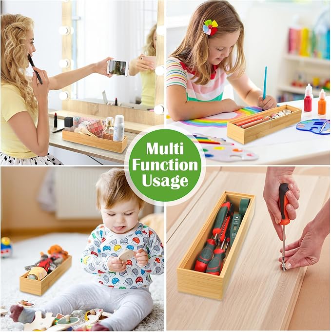 Kigley 8 Pcs Kitchen Bamboo Drawer Organizer Utensil Wooden Silverware Drawer Organizer Utensil Bamboo Storage Box Cutlery Holder Flatware Containers for Kitchen, Bathroom(12 x 3 x 2 Inch,Wood)