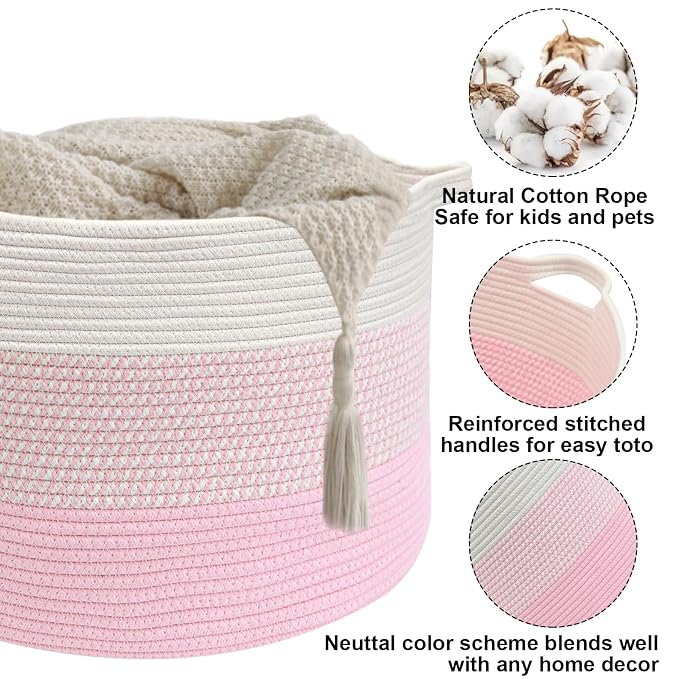 90L Extra Large Blanket Basket,Woven Rope Laundry Basket Hamper with Handles, Decorative Nursery Basket Storage Bin for Toys, Clothes Organizer, Living Room, Bedroom, Bathroom, Pink
