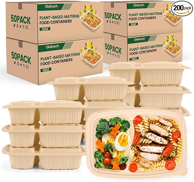 Glotoch Express 200 Pack - 2 Compartment 32 oz Meal Prep Containers Reusable Cornstarch Food Storage Containers with Lids- Plastic Lunch Box for Salad - Take Out Containers