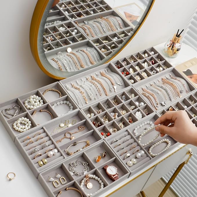 SPAKOWN Jewelry Trays Organizer for Drawer, 9 Set of Small Jewelry Display Case Storage Velvet Stackable Drawer Inserts Organizer for Necklaces Bracelets Earrings Rings (Grey)