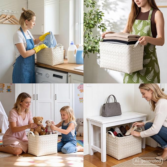 Handwoven Clothes Basket Laundry Hampers Large Wicker Storage Baskets for Shelves Blankets Closet Storage Bins Car Bedroom Bathroom Organizers and Storage Bath (Pack of 4, Ivory)