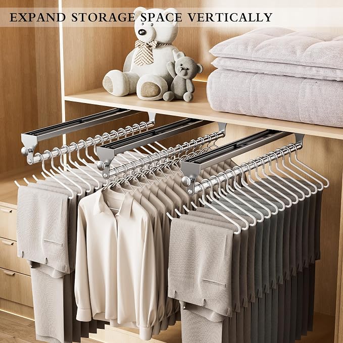 Pull Out Closet Rod, 13.7inch Heavy Duty Pants Rack, Adjustable Clothes Hanger Rail, Space Aluminum Valet Rod, Top Mounted Wardrobe Clothes Organizer, Closet Storage for Trousers Coats Gray