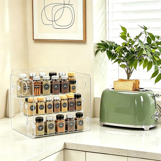 3-Tier Acrylic Spice Rack for Spice, Condiment Jars & Vitamin Bottles | Multipurpose Spice Rack for Cabinets & Countertops, Stores Spice Jars, Baking Goods & Pill Bottles, Clear View Quick Access