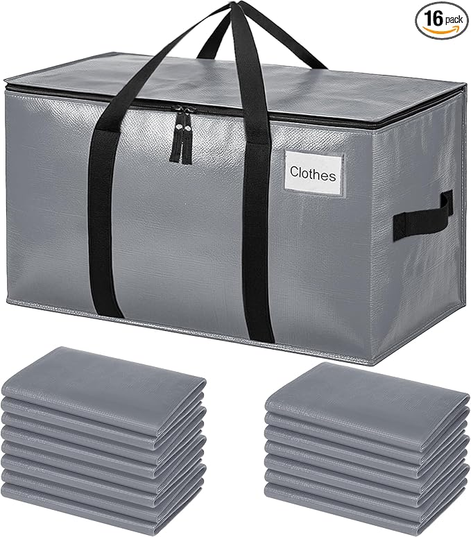 BAGAIL Heavy Duty Moving Bags with Strong Handle, Extra Large Moving Boxes, Storage Tote for Clothes, College Moving Supplies(Grey, 16 Pack)