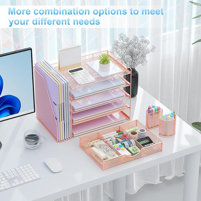 gianotter 5-Tier Desk Organizer with Drawers, File Holders, Letter Trays and Pen Holders - Workspace Accessories for Office Supplies (Rose Gold)