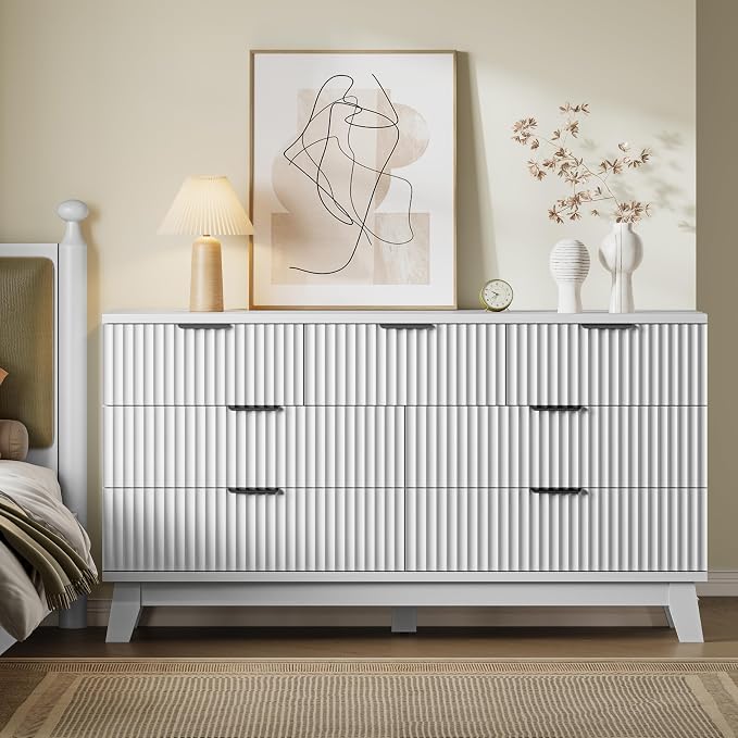 BORNOON 57" Long Dresser for Bedroom, 7-Drawer Fluted Chest, Wide Wood Storage Dresser with Metal Slides and Handles, Stable Base, Modern Clothes Organizer for Primary Suite, Guest Room, Nursery