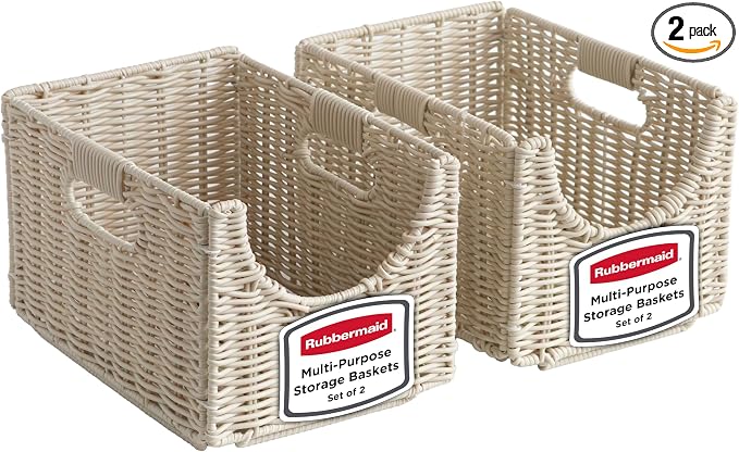 Rubbermaid Woven Storage Baskets - Set of 2 Stackable and Collapsible Bins with Handles, Small Resin Rattan Organizers for Shelves, Closet, Bathroom, Bedroom, 11.5” x 8”, Ivory