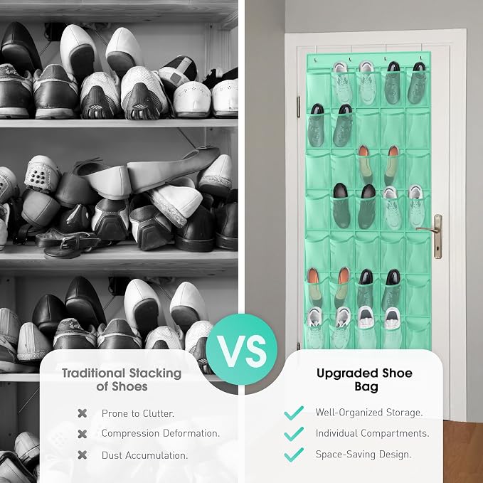 WVM Over the Door Shoe Organizer with 35 Breathable Mesh Pockets, Hanging Shoe Organizer for Door with 4 Metal Hooks, Large Capacity Closet Storage for Shoes, Accessories