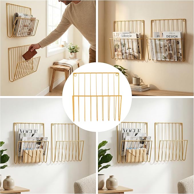 2-Pack Wall Magazine Rack, Magazine Holder Wall Mounted for Space-Saving, Walls Magazine Holder for Mail, Bathroom & Home Office Organizer, Office Living Room(Gold)