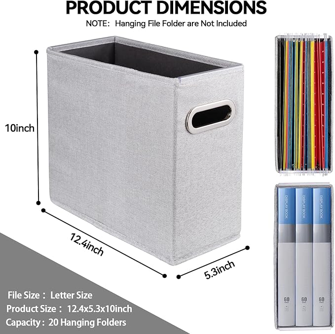 4 Pack Letter Size File Storage Box Collapsible, Fabric Hanging File Folders Organizer, Portable Office Document Holder with Metal Handle, Smooth PVC Rails, Light Gray