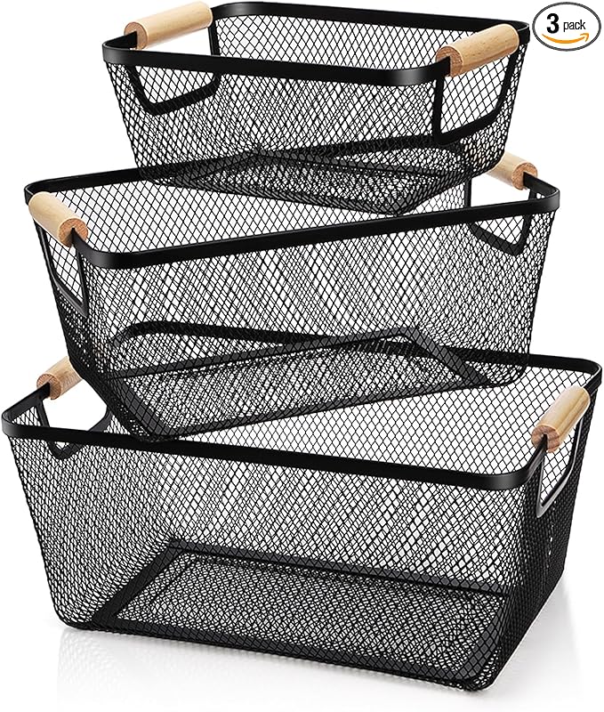 Noamus 3 Pack Metal Mesh Basket with Wooden Handle, Farmhouse Wire Steel Storage Bins, Rectangle Fruit Vegetable Organizer Containers for Home Cabinet Pantry Kitchen Decor, Snack Gift (Black, 3 Size)
