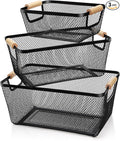 Noamus 3 Pack Metal Mesh Basket with Wooden Handle, Farmhouse Wire Steel Storage Bins, Rectangle Fruit Vegetable Organizer Containers for Home Cabinet Pantry Kitchen Decor, Snack Gift (Black, 3 Size)