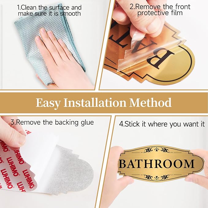 Bathroom Sign Sticker for Business and Home，Self-adhesive Brushed Gold Bathroom Decor for Door，Waterproof Vinyl Restroom Sign for House, Office, Shop