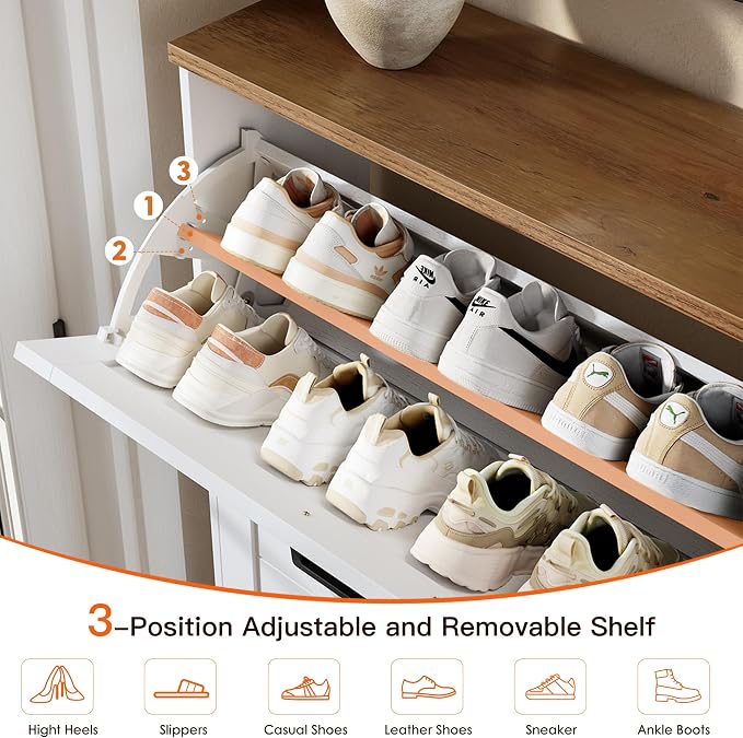 Nicetree Shaker Barn Door Shoe Cabinet - 3 Flip Drawers & 3 Adjustable Shelves, 9.1" Ultra Slim Freestanding, Contemporary Rustic Brushed White Farmhouse Shoe Rack for Entryway, Hallway, Foyer