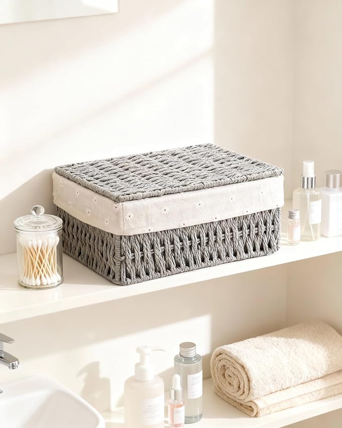 1PC Woven Storage Basket with Lid for Closet Shelf-Grey Small | Bathroom, Closet & Shelf Storage Basket, Sewing & Towel Basket, Blanket & Toy Storage, Woven Basket with Liner