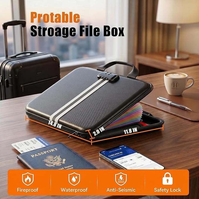 Fireproof Document Organizer with Lock, Rigid EVA File Box with 13-Pocket Accordion Folder for Important Documents & Tablets under 11", Lightweight Safe Storage for Home, Office & Travel (Small Size)