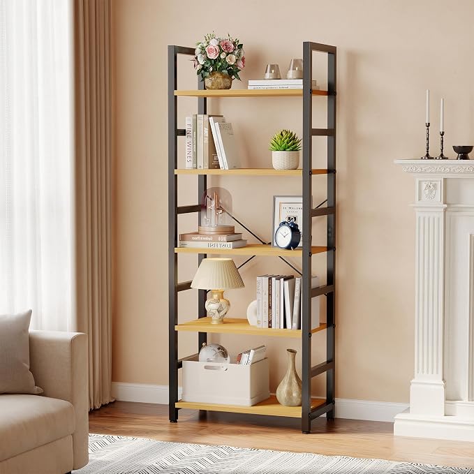 DUMOS 5-Tier Bookshelf, Modern Tall Bookcase Book Shelf | Open Storage Display Shelf for Living Room, Bedroom, Home Office, Narrow Standing Shelving Unit for Books, CDs, Décor Wood