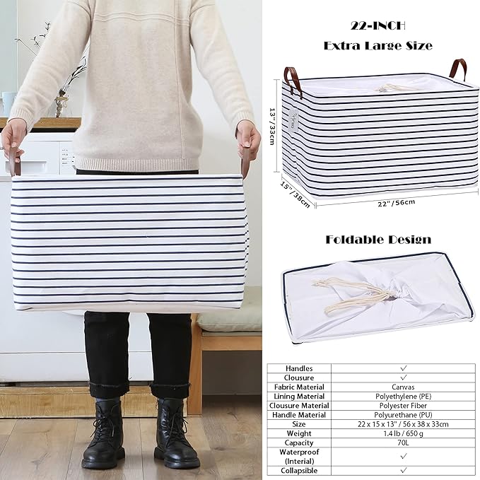 Hinwo 70L Extra Large Storage Bins, Closet Organizers and Storage, Foldable Clothes Storage Baskets with Handles, Containers for Clothing, Blanket, Comforters, Toys, Bedding (Gray)