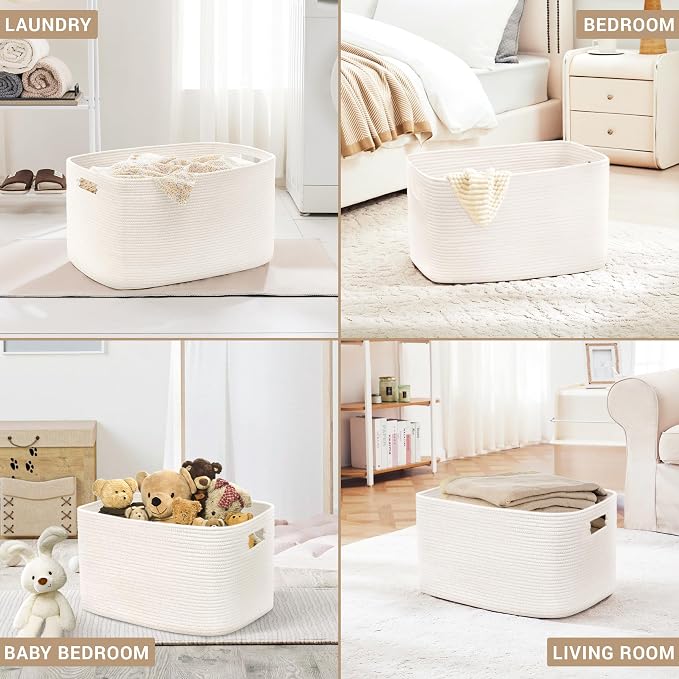 100L Extra Large Woven Laundry Basket Hamper with Handles, White | 24"x16"x16", collapsible wicker hamper, storage for dirty clothes, toys, blankets, gifts, living room, bedroom, bathroom