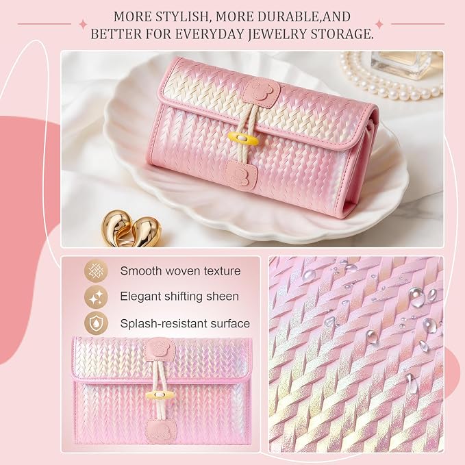 32-Pocket Hanging Jewelry Organizer and Foldable Travel Roll | Clear Zippered Pockets, Necklace Clasps, Swivel Hook and Carry Buckle Keep Pieces Visible and Tangle-Free, Pink