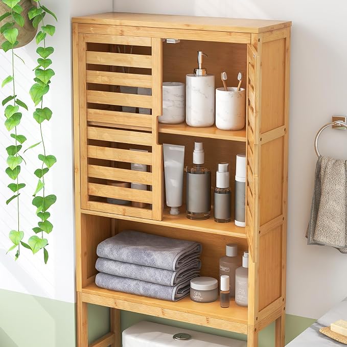 Tangkula Over The Toilet Storage Cabinet, Bamboo Bathroom Space Saver with 2 Doors, Adjustable Bottom Bar, Open Shelf, Freestanding Bathroom Cabinet Organizer Above Toilet for Restroom, Laundry Room