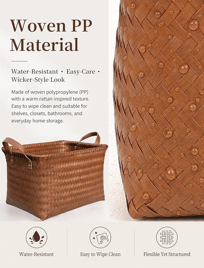 Hand Woven Baskets for Storage, 4Pcs Water-Resistant Wicker Baskets, Brown Wicker Storage Baskets for Shelves, Large Basket with Handle for Organizing, Clothes, Laundry, Blanket - Rectangular
