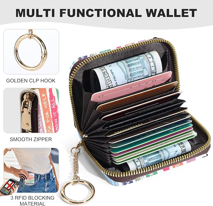 Credit Card Holder for Women,Small Rfid Wallet with Keychain Zipper,Cute PU Leather Card Case Wallet，Accordion Credit Card Wallets Gift,Color font