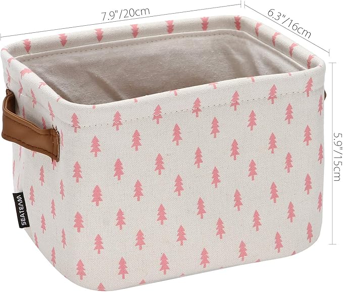 Sea Team Collapsible Small Canvas Fabric Storage Basket with Handles, Square Mini Storage Box, Cube, Foldable Shelf Basket, Closet, Desk Organizer for Nursery, Home, Office (Pink, Set of 4)