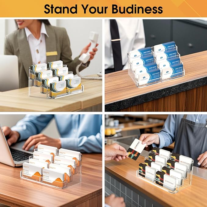 MaxGear Acrylic Business Card Holder, Desktop Card Display Stand, 8 Pockets | 4-Tier Freestanding Design, Clear Acrylic Construction, Fits Standard Business Cards for Reception, Office and Countertops