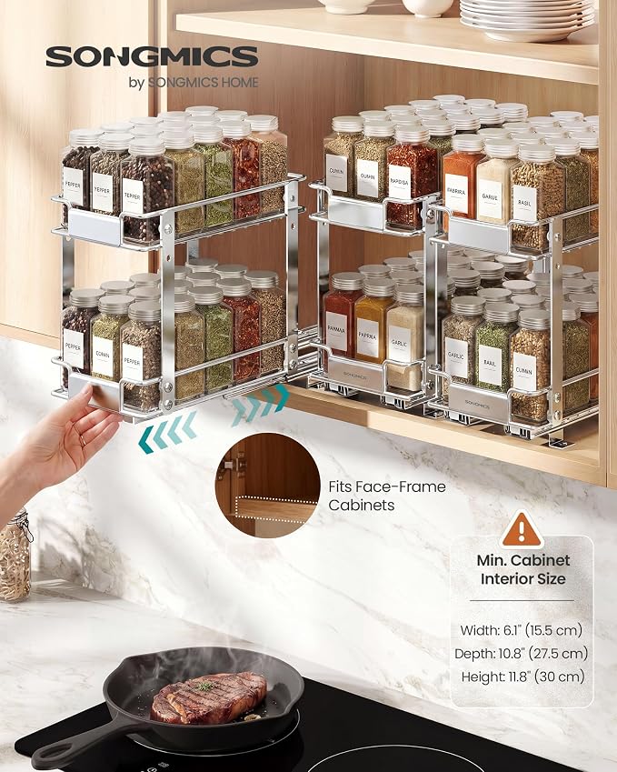 SONGMICS 2 Tier Pull Out Spice Rack for inside Cabinets, Steel | Spice Organizer, Slide Out Cabinet Organizer, for Kitchen Cabinet Storage, Silver UKCS117E101