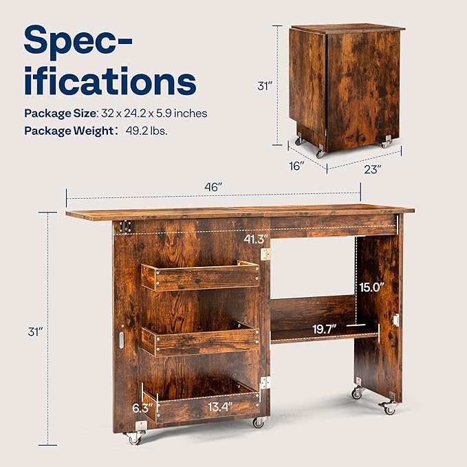 VIVOHOME Folding Sewing Table for Sewing Machine, Sewing Desk with Storage | Rolling Sewing Craft Table with Storage Shelves, Trays, Wheels, Sewing Cabinet with Lift for Small Spaces, Rustic Brown
