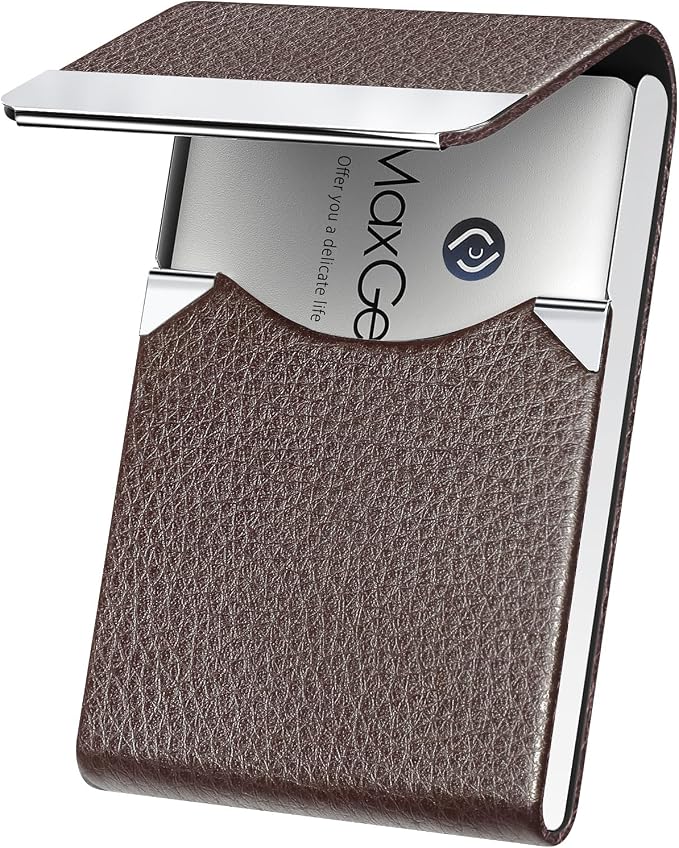 MaxGear Business Card Holder, PU Leather Business Card Case, Coffee | Stainless Steel Interior, Magnetic Closure, RFID Blocking, Holds 15–25 Standard Business Cards