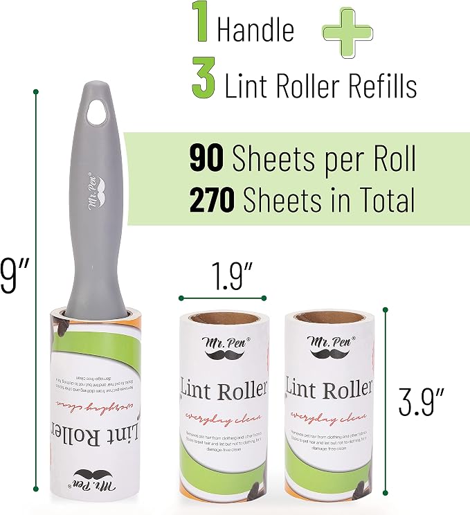 Mr. Pen- Lint Rollers, 1 Handle with 3 Refills, 270 Sheets | Extra Sticky Lint Remover for Clothes, Lint Roller for Pet Hair, Pet Hair Roller, Sticky Roller, Lint Roller for Clothes