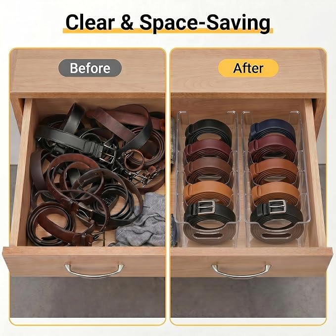 Clear Acrylic Belt Organizer 2 Pack, Stackable Belt Holder with 5 Removable Dividers & Built-in Handles, Multi-Purpose Drawer Closet Storage Display Bin for Belts, Ties, Socks, Underwear