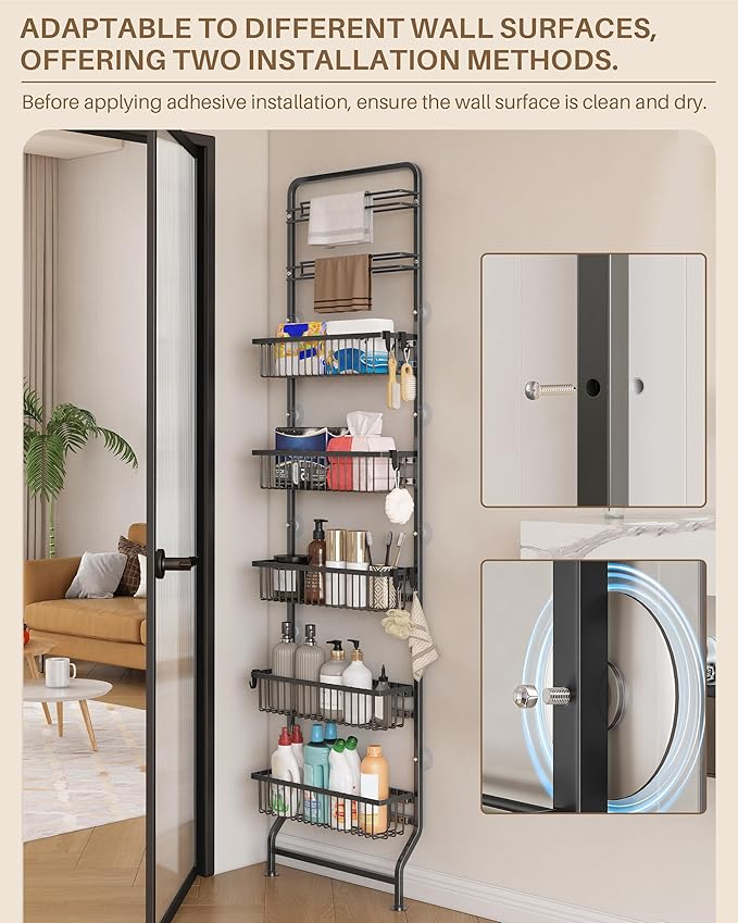 UMDONX 7-Tier Over The Door Storage Rack with Pull-Out Baskets and Sliding Shelves, Suitable for Kitchen, Bathroom, and Laundry Room, Black