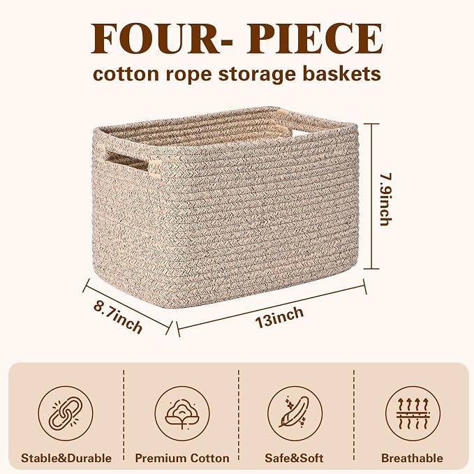 Storage Baskets for Organizing, 4 Pack Baskets for Shelves, Decorative Storage Bins for Shelves, Cotton Rope Storage Basket with Handles, Woven Basket for Storage, 13''Lx8.7''Wx7.9''H, Brown