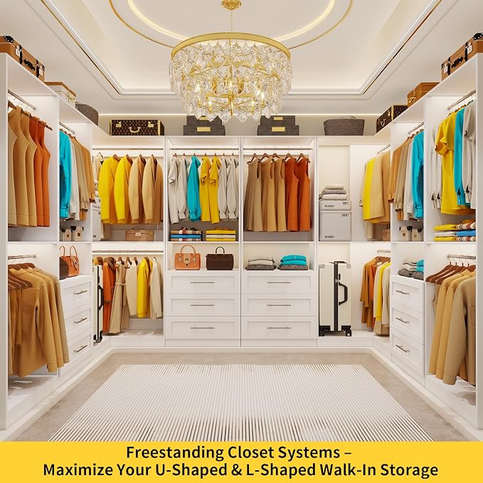 Closet System with 6 Drawers, Corner Closet Organizer System with 10 Hanging Rods Heavy Duty Walk in Wooden Modular Closet Storage System L-Shaped U -Shaped Freestanding 4 Sets 2500+ Lbs White