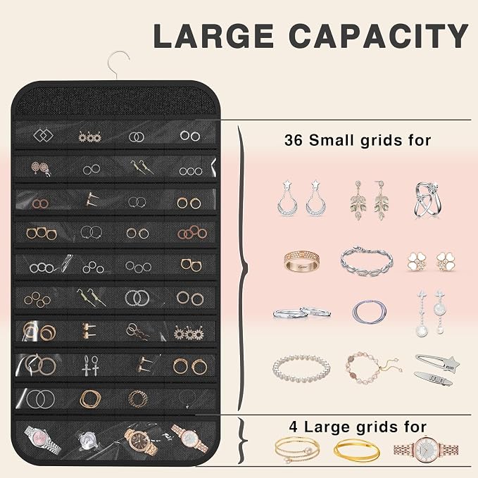 Double-Sided Hanging Jewelry Organizer for Necklaces Earrings, 1-Pack Black | Foldable 36 hooks & 40 clear pockets; swivel hook fits walls, doors & rods for earrings, bracelets, rings & small jewelry