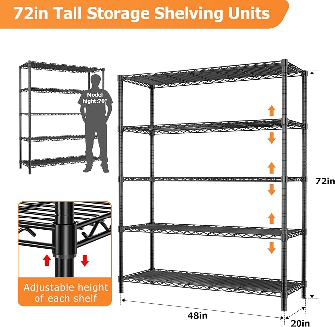 ROOMTEC 5-Tier Wire Shelving Unit, 48" W*20" D*72" H, Max Load 2000LBS | Heavy Duty Garage Shelving,Adjustable Storage Shelves,Metal Utility Shelf Rack for Kitchen,Laundry,Pantry,Warehouse,Basement