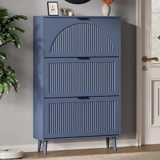 Xixini Shoe Storage Cabinet with 3 Flip Drawers, 50" Tall Narrow Wood Fluted Shoe Organizer for Entryway, Freestanding Wooden Hidden Slim Shoe Rack for Front Door Entrance, Hallway, Foyer, Navy Blue