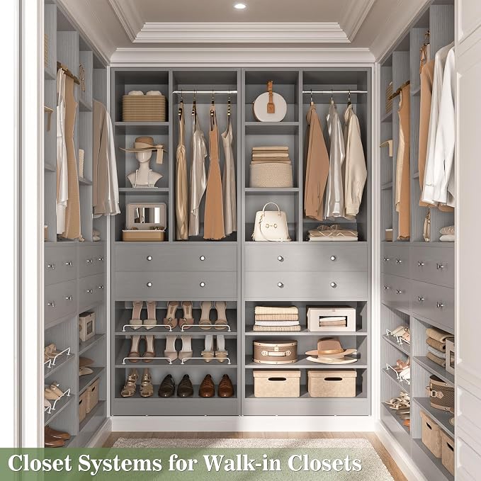 Besiost Closet System, 112"/9.3 FT Closet Organizer System with 8 Drawers and Shelves, Fit 120"/10FT Walk-in Closets Systems, Free Standing Reach in Closet Tower, Load 2400+LBS, Morandi Grey 4 Pack