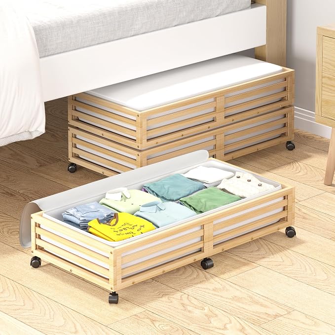 Wisuce 2 Packs Bamboo Under Bed Storage Organizer with Wheels Nature Large | 360° Lockable Wheels,120lbs Load Capacity, Multi-scene ,Dustproof Clear Storage Bag, Large Capacity,Easy Quick Assembly