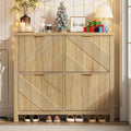 Shoe Cabinet with 4 Flip Drawers & Symmetric Groove Pattern for Entryway | 44.5''W x 9.2''D x 39.4'' Natural Oak Fit for 16-24 Pairs of Shoes Slim Narrow Shoe Storage Cabinet for Hallway Living Room