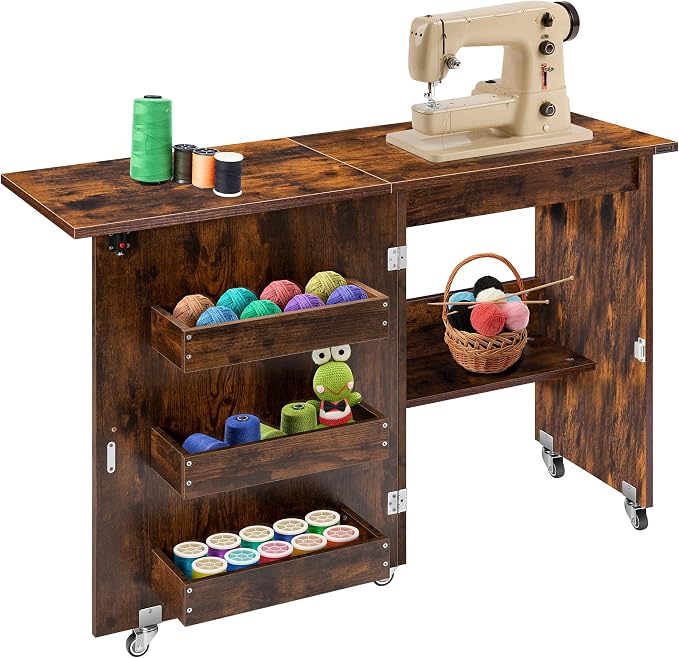 VIVOHOME Folding Sewing Table for Sewing Machine, Sewing Desk with Storage | Rolling Sewing Craft Table with Storage Shelves, Trays, Wheels, Sewing Cabinet with Lift for Small Spaces, Rustic Brown
