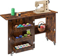 VIVOHOME Folding Sewing Table for Sewing Machine, Sewing Desk with Storage | Rolling Sewing Craft Table with Storage Shelves, Trays, Wheels, Sewing Cabinet with Lift for Small Spaces, Rustic Brown