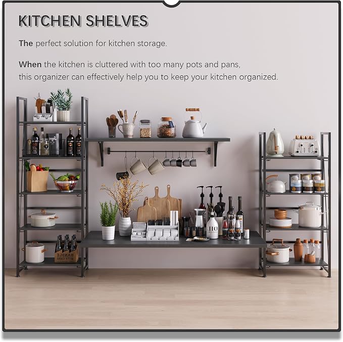 4NM No Assembly Folding Bookshelf, 5-Shelf 62.2" H Collapsible Foldable Bookcase Storage for Small Spaces, All Black