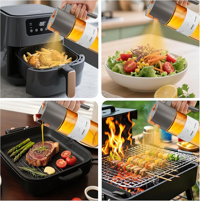 LAKUMIQI 2 in 1 Oil Sprayer & Dispenser, 17 oz Light-Blocking Glass Bottle | Large Capacity, Wide-Mouth for Easy Pouring and Cleaning, Leak-Proof Oil Bottle with Stickers for Salads, Air Fryers, BBQ