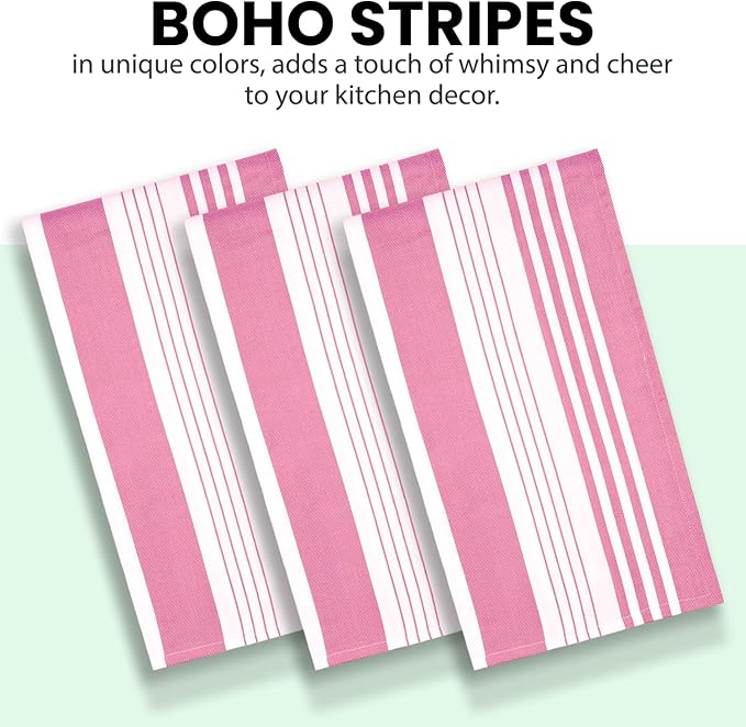 Stripe Kitchen Towels Decor Mordern Design Centreband Dish Towels Boho Stripe Absorbent Festive Gift Set of 3 Pantry Reusable Kitchen Dish Towel|Easter Spring Decor 18x28 Inch Pink